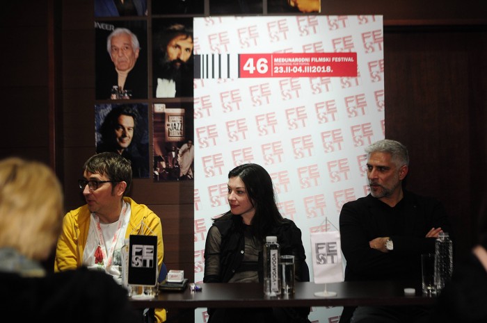 beograd 26.02.2018. FILM: EDERLEZI RISING Jessica Stojadinovic Stoya, glumica, Sebastian Cavazza, glumac, Lazar Bodroža, reditelj, Aleksandar Protić, producent, Nemanja Mosurović, kompozitor. foto ...