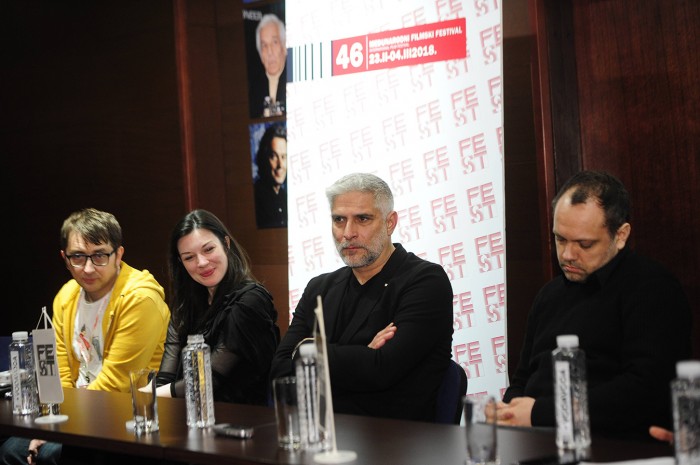 beograd 26.02.2018. FILM: EDERLEZI RISING Jessica Stojadinovic Stoya, glumica, Sebastian Cavazza, glumac, Lazar Bodroža, reditelj, Aleksandar Protić, producent, Nemanja Mosurović, kompozitor. foto ...